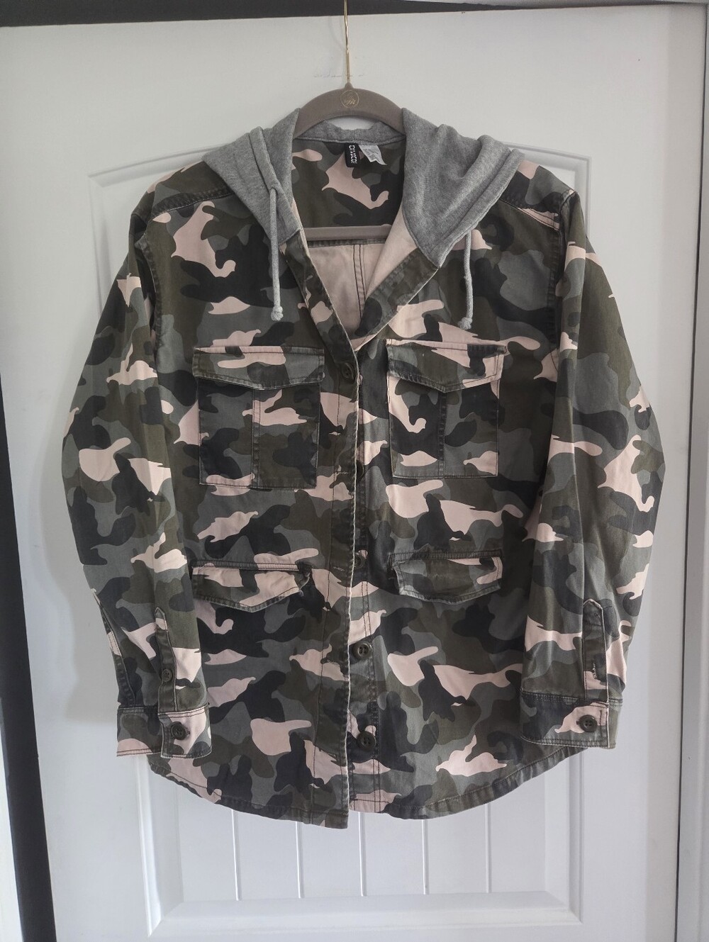 H&M Green and Pink Camouflage Field Jacket with Grey Hood